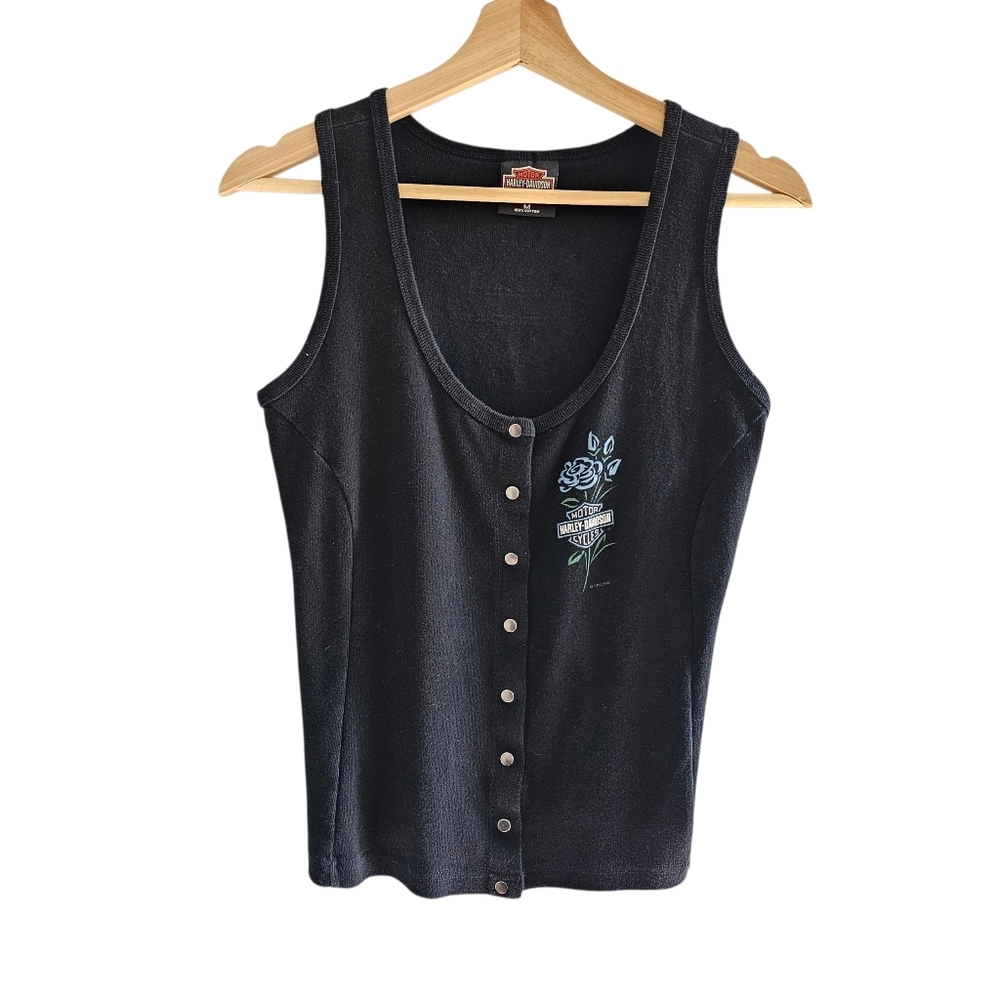 Vintage Harley-Davidson Black Snap-Front Rose Graphic Ribbed Tank Top Size M - Picture 2 of 12